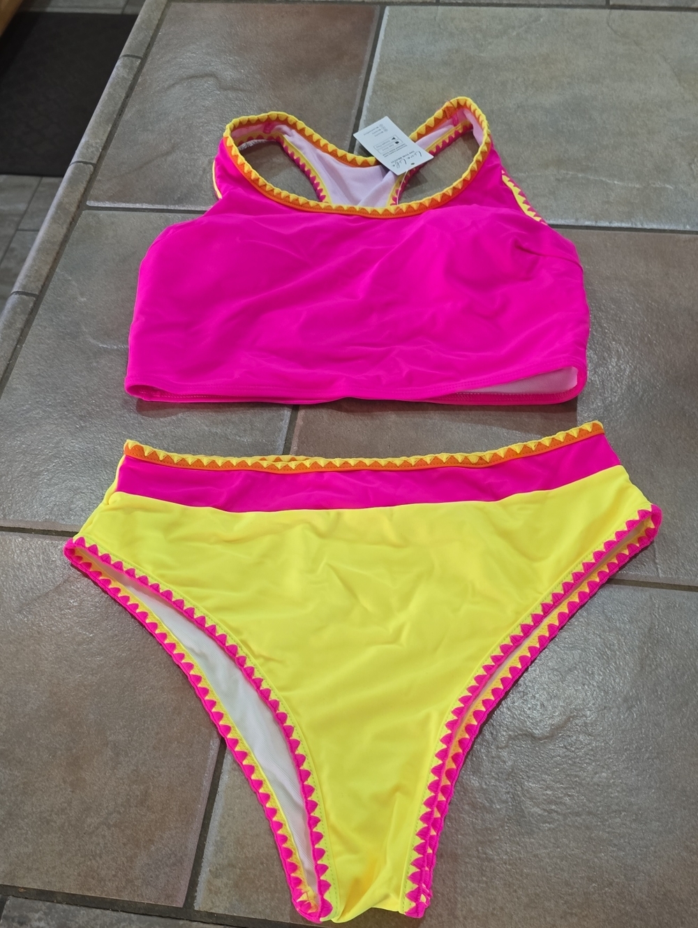 Cupshe Neon Pink & Yellow Two-Piece Bikini Set Sz Lg Nwt